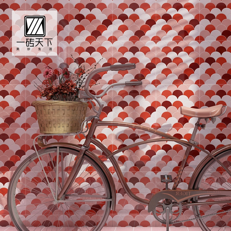 Nordic net red pink fish scale fan-shaped imitation mosaic tile turquoise tile dining room bar dressing room wall brick