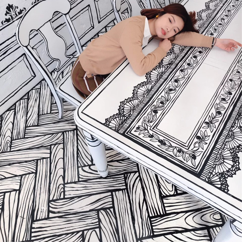 Korean net red cartoon cafe tile two-dimensional sketch anime black and white wood grain tile dining room homestay floor tile