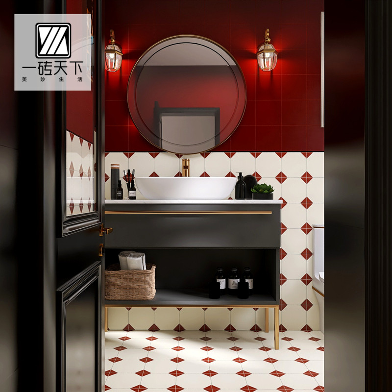 European-style poverty-stricken wine red retro small flower brick powder room non-slip floor brick wall brick balcony dining room kitchen tile