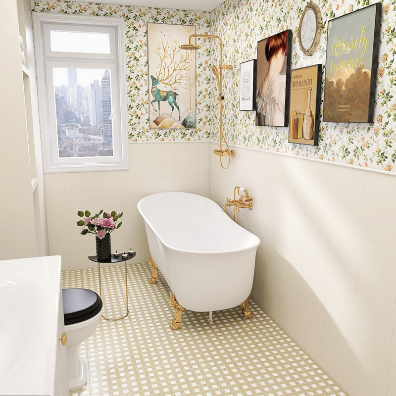 French warm milky white milky yellow powder room tiles with wallpaper tiles wall tiles bathroom terrazzo non-slip floor tiles