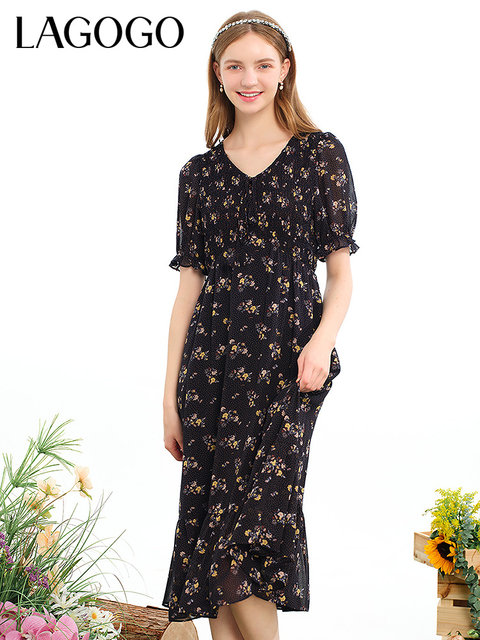Lagogo French-Style Polka Dot Floral Dress for Women, Summer New Elegant V-Neck Chiffon A-Line Midi Dress