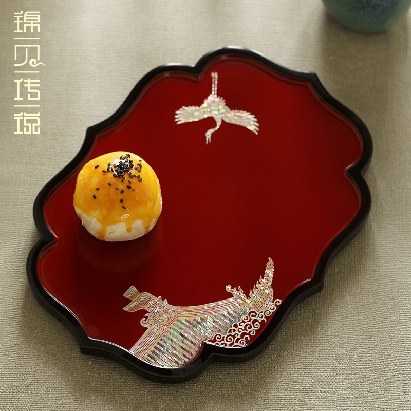 Jinbei Legend Mother-Of-Pearl Lacquerware Tea Tray Home Use Solid Wood Chinese Style Tea Cup Dessert Fruit Tray Housewarming Gift
