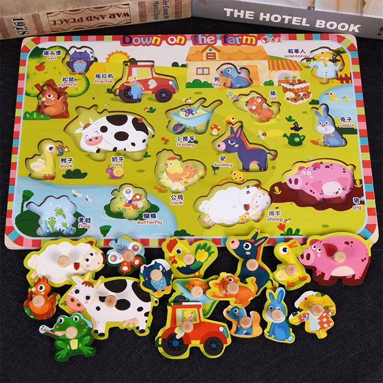 Young children's puzzle hand-held three-dimensional puzzle 1-2-3-year-old baby early education cartoon animal cognition wooden toy