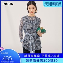 INSUN Enshang shopping mall with the same temperament fashion mulberry silk long-sleeved lace-up floral print top for women