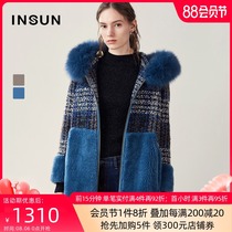 Enshang straight hooded fox fur fur collar medium-long wool coat womens spring and autumn new