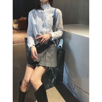 (cuijia cuijia)Literary and artistic small fresh fungus pleated lock edge yarn-dyed vertical strip cotton shirt H15790