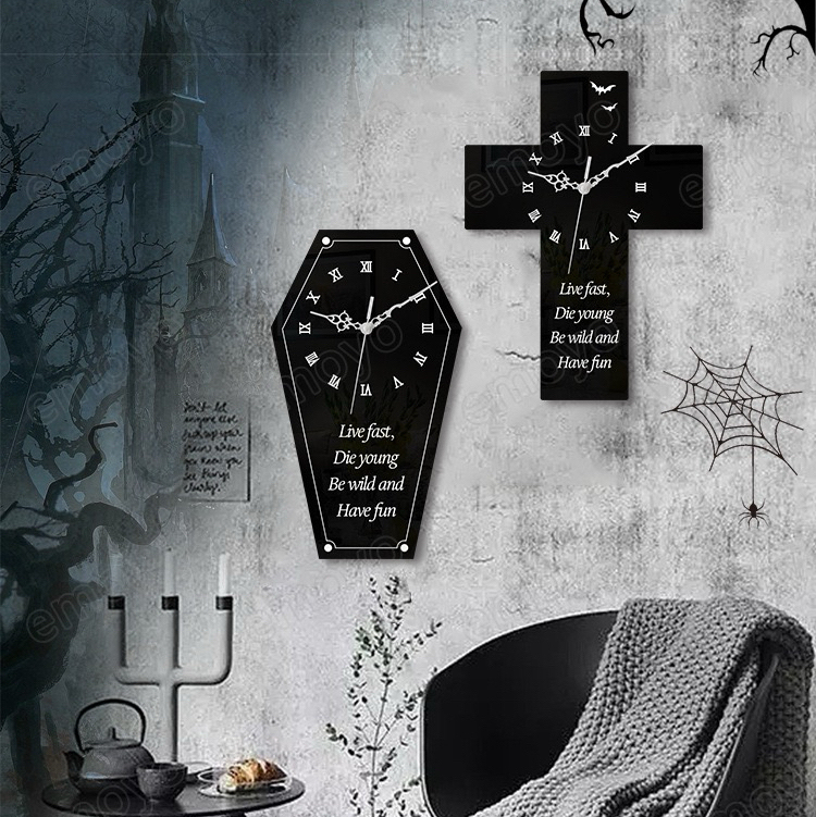 Cross-Border Personalized Home Decor Subculture Dark Gothic Cross Coffin Decoration Wall Clock Wall Hanging Clock Ornament