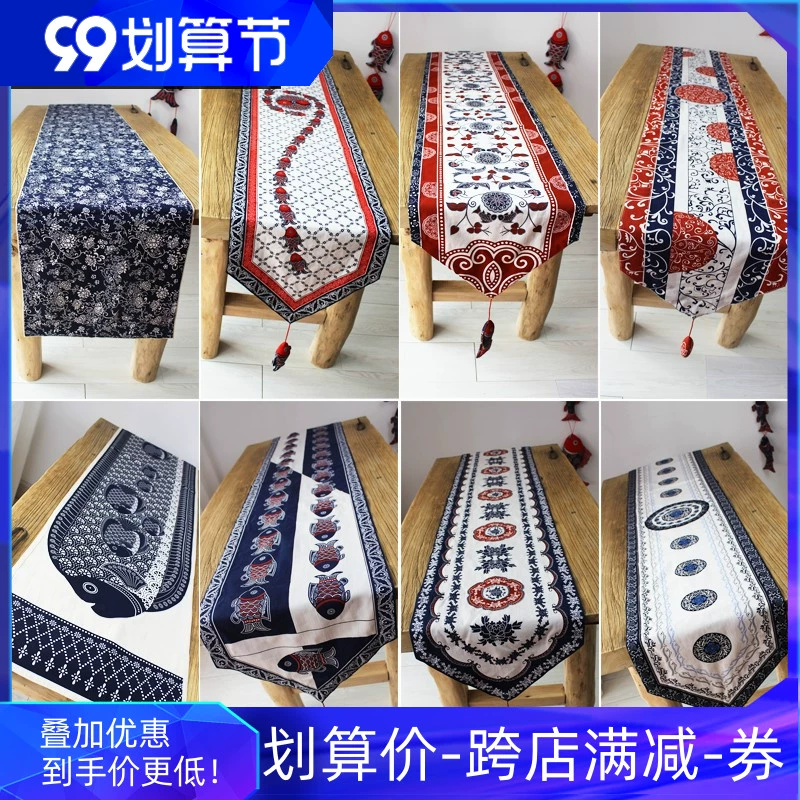 Bàn cờ vải nghệ thuật Dải dài khăn trải bàn ăn bàn cà phê giường khăn đuôi tivi tủ cờ khăn bàn trà vải lưới Zen phong cách Trung Quốc mới - TV