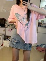 Special Cabinet Withdrawal Cabinet New Summer Two Wearing Strap Design Short Sleeve T-shirt Loose and thin printed irregular blouses woman