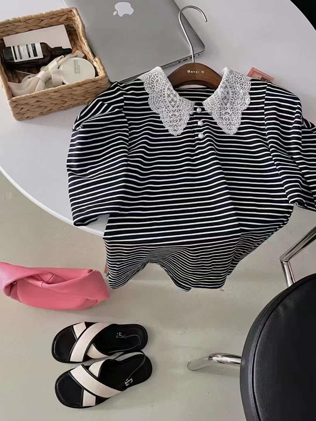 First-line big card foreign trade exit tail single special cabinet Withdrawal Cabinet Han Edition Lace Doll Collar Stripe Loose and Slim T-shirt Woman
