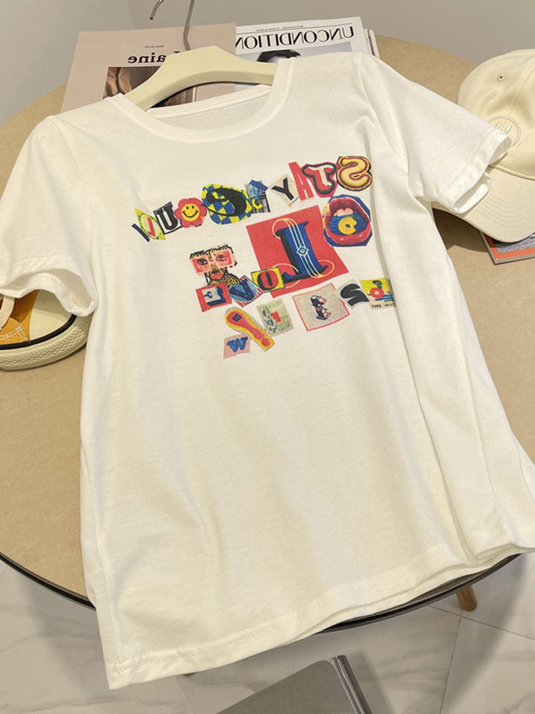 Pick Up Leak Special Cabinet Withdrawal Cabinet Fun Cartoon Print Short Sleeve T-shirt Korean Ensemble Slimy Age Fat MM 100 Hitch Collar Loose Jacket