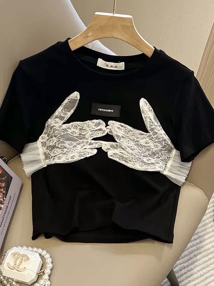 Shake-up supplier ~ 2022 Summer new lace splicing short sleeve T-shirt with a small crowdsourced design sensation blouse