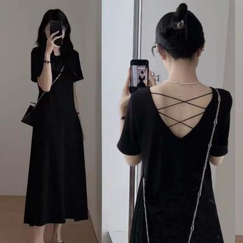 Summer knee-length dress women's loose and thin simple high-end A-line backless cross hollow mid-length dress