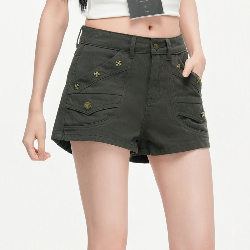 American Retro Hot Girl Army Green Low-Waist Denim Shorts for Women, New Summer Casual Versatile Loose Wide-Leg Pants Trendy