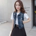 Mùa thu mới không tay denim vest vest nữ ngắn bên ngoài áo khoác cardigan mỏng áo vest vai mỏng vest áo kiểu trung niên Áo vest