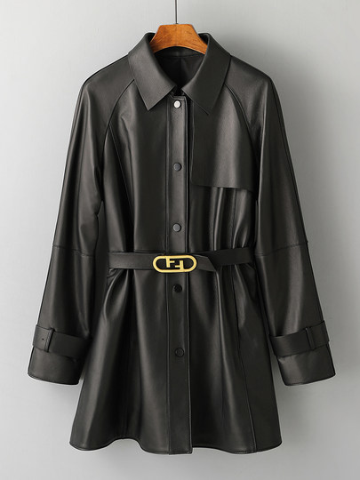 Spring and Autumn New Haining Genuine Leather Jacket for Women, Mid-Length Trench Coat with Raglan Sleeves, Sheepskin Slimming and Elegant Top Coat