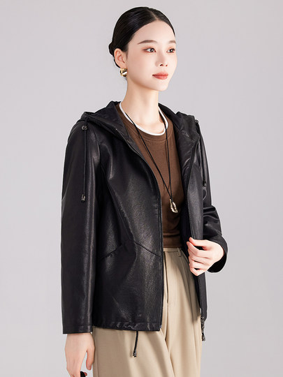 High-End Haining Genuine Leather Jacket for Women, Short Casual Sheepskin Coat, Korean Style Loose Hooded Large Size Leather Jacket for Spring and Autumn