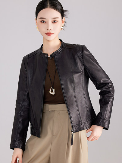 Haining genuine leather jacket women's short high-end first-layer sheepskin slim versatile jacket coat stand collar spring and autumn new style
