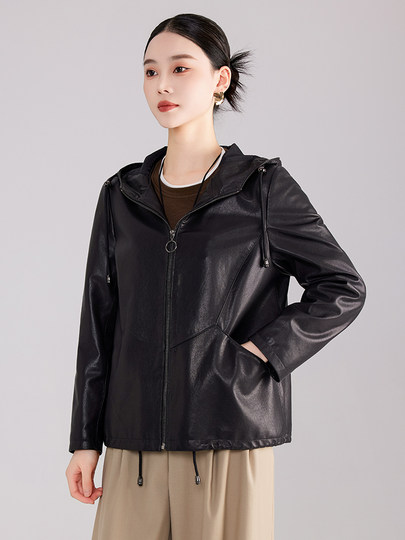 High-End Haining Genuine Leather Jacket for Women, Short Casual Sheepskin Coat, Korean Style Loose Hooded Large Size Leather Jacket for Spring and Autumn