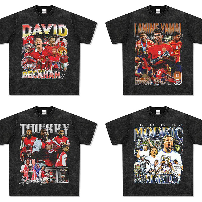 Cristiano Ronaldo, Messi, Neymar, Mbappé, Beckham, Yamal, American Football Star T-Shirt, Retro Washed Pure Cotton Short-Sleeve