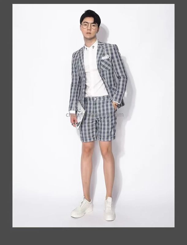 Chuan Ze cotton và linen mỏng phù hợp với quần short nam 2019 Xia Yinglun gió xám kẻ sọc thời trang quần âu - Suit phù hợp