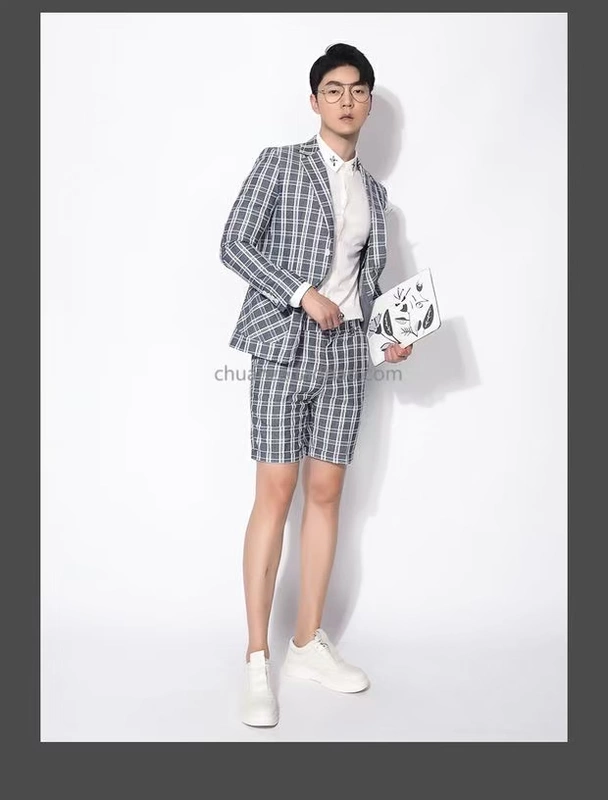 Chuan Ze cotton và linen mỏng phù hợp với quần short nam 2019 Xia Yinglun gió xám kẻ sọc thời trang quần âu - Suit phù hợp