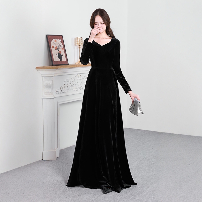 Black Velvet Long-Sleeved Dress for Art Exams, Coming-Of-Age Ceremonies, Piano Performances, Annual Meetings, and Everyday Wear