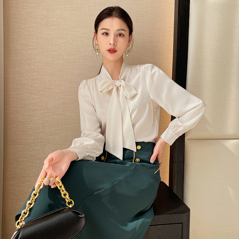 Maje Koce elegant white-collar fan tie shirt women's 2022 early spring French bow long-sleeved satin shirt