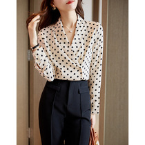 Maje Koce spring French V-neck polka dot shirt womens western style retro double-breasted silk satin texture wild shirt