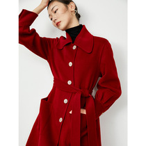 Maj Koce New Years red high-end red lace-up double-sided cashmere coat temperament retro mid-length woolen coat