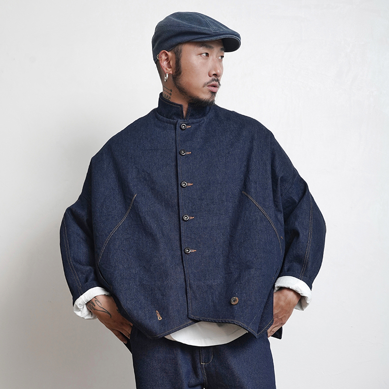 Original Design Spring and Autumn Chinese-Style Stand-Up Collar Inverted Silhouette Denim Jacket Loose Unisex Retro Workwear Short Coat