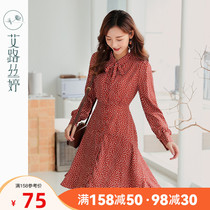 Ai Lussie Bo Point Long Sleeve Chiffon Dress Womens 2019 Autumn Dress New New Waist Slim a Long Skirt