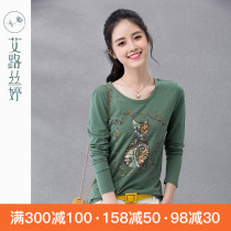  Alustin 2021 spring new womens top cat print pattern round neck long sleeve cotton T-shirt women 3698