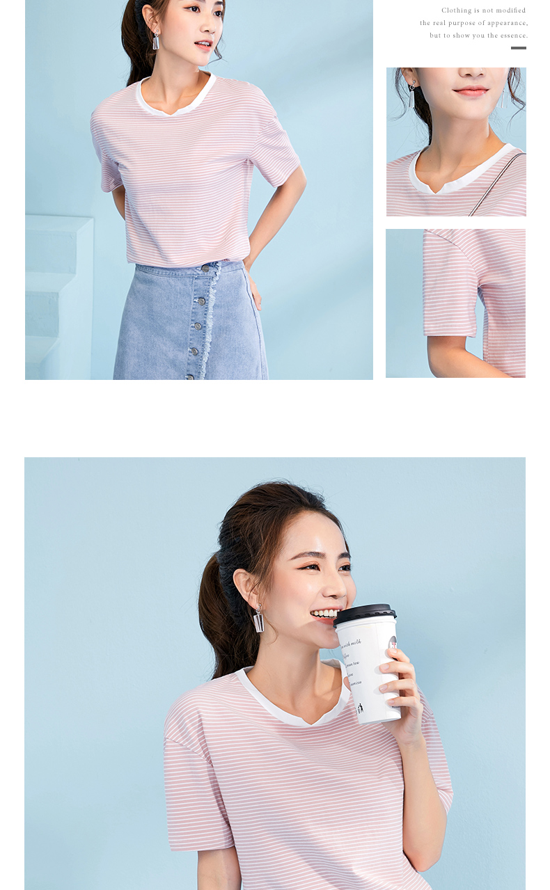 Ai Lu Si Ting 2019 hè mới Hàn Quốc phối màu áo thun cổ chữ V nhỏ sơ mi sọc mỏng áo thun nữ tay ngắn cổ tròn áo tay lỡ form rộng hàn quốc