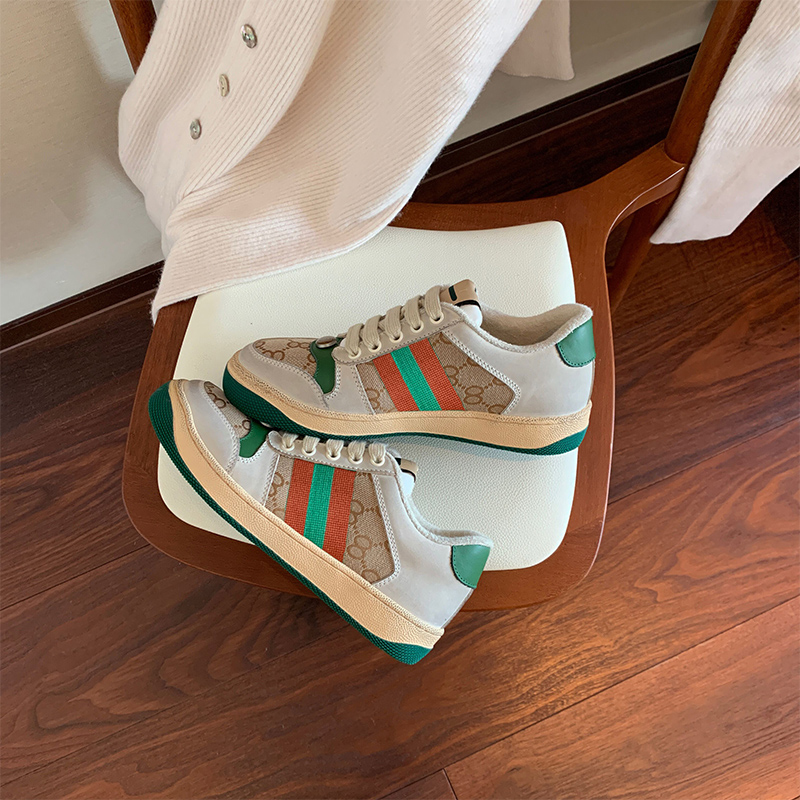 Green Tail Apricot NoodlesLittle fragrance Retro Make old Dirty shoes female Color matching Single shoes female 2021 new pattern Dirty shoes female motion Casual shoes