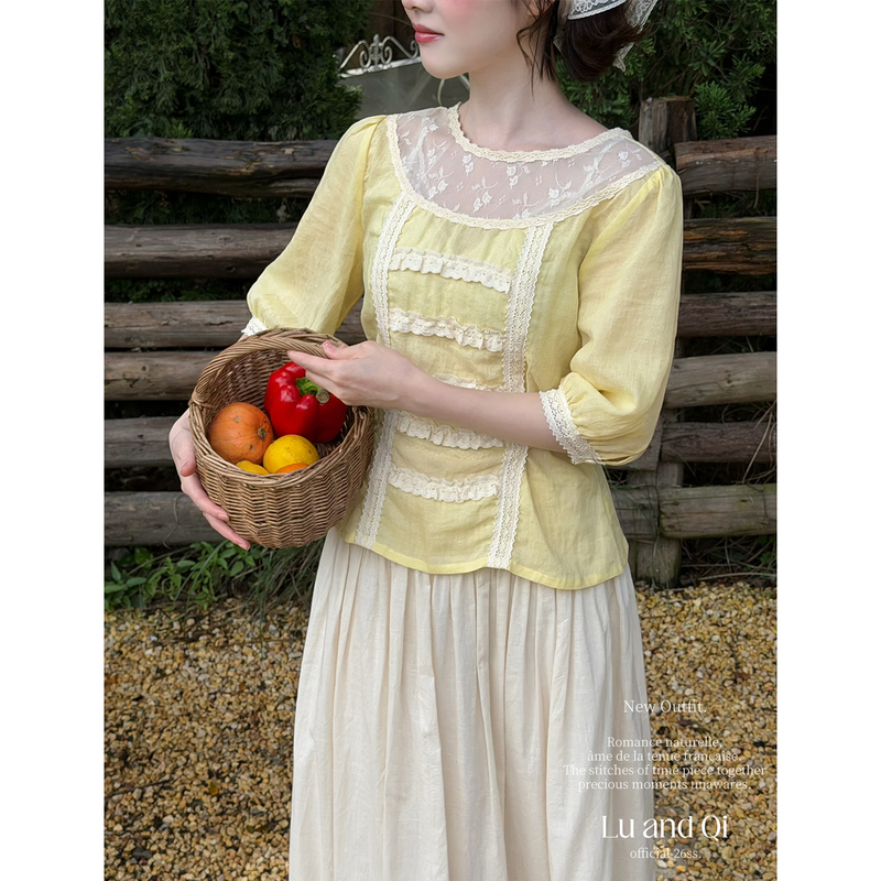 Luheqi French Pastoral Style Lace Trim Round Neck Shirt for Women, Summer Vintage Gentle Tie Waist Top