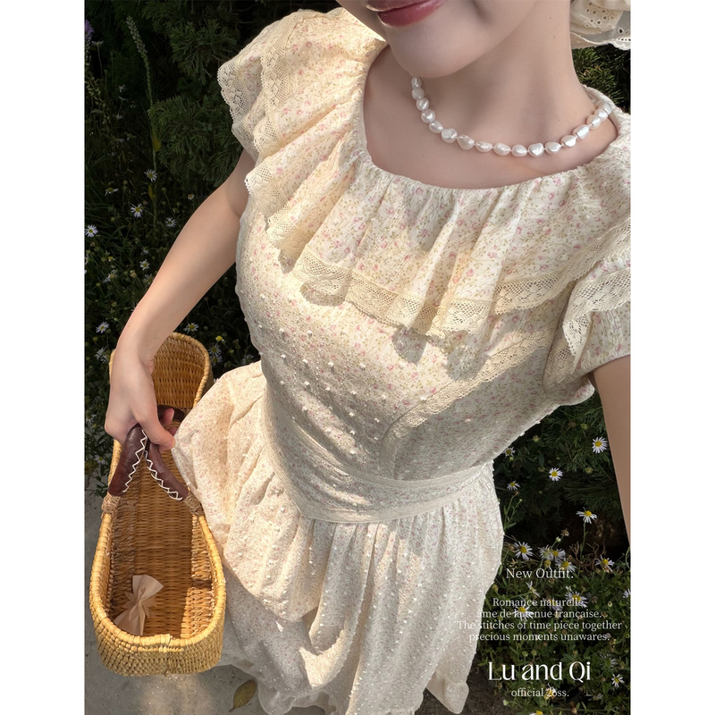 Lu Heqi French Retro Pastoral Style Lace Ruffle Collar Floral Dress + Waist Belt Women's Summer Cinched Waist Dress Lu Heqi French Retro Pastoral Style Lace Ruffle Collar Floral Dress + Waist Belt Women's Summer Cinched Waist Dress
