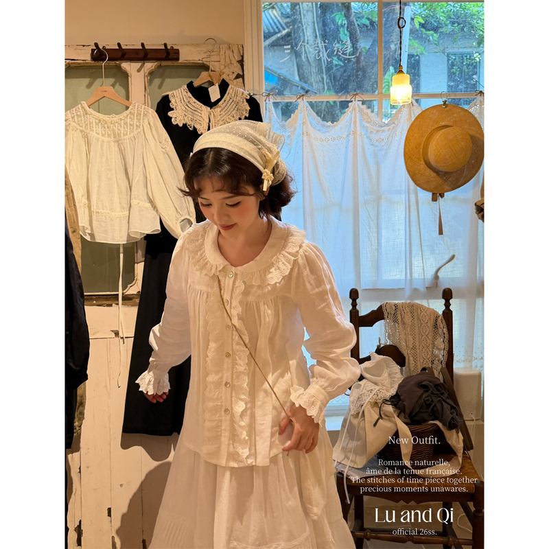 Lu Heqi French Country Style Lace Doll Collar White Shirt for Women, Vintage Ruffled Puff Sleeve Long-Sleeve Top Lu Heqi French Country Style Lace Doll Collar White Shirt for Women, Vintage Ruffled Puff Sleeve Long-Sleeve Top