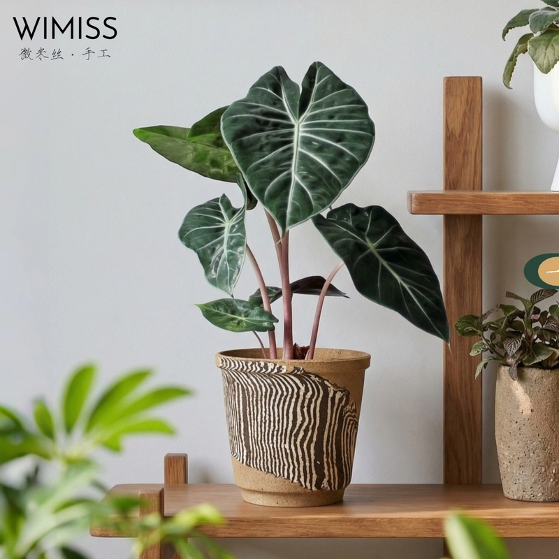 Wimiss 10.6cm Handmade Ceramic Pot with Vertical Stripes for Decorative Green Plants and Flower Arrangements
