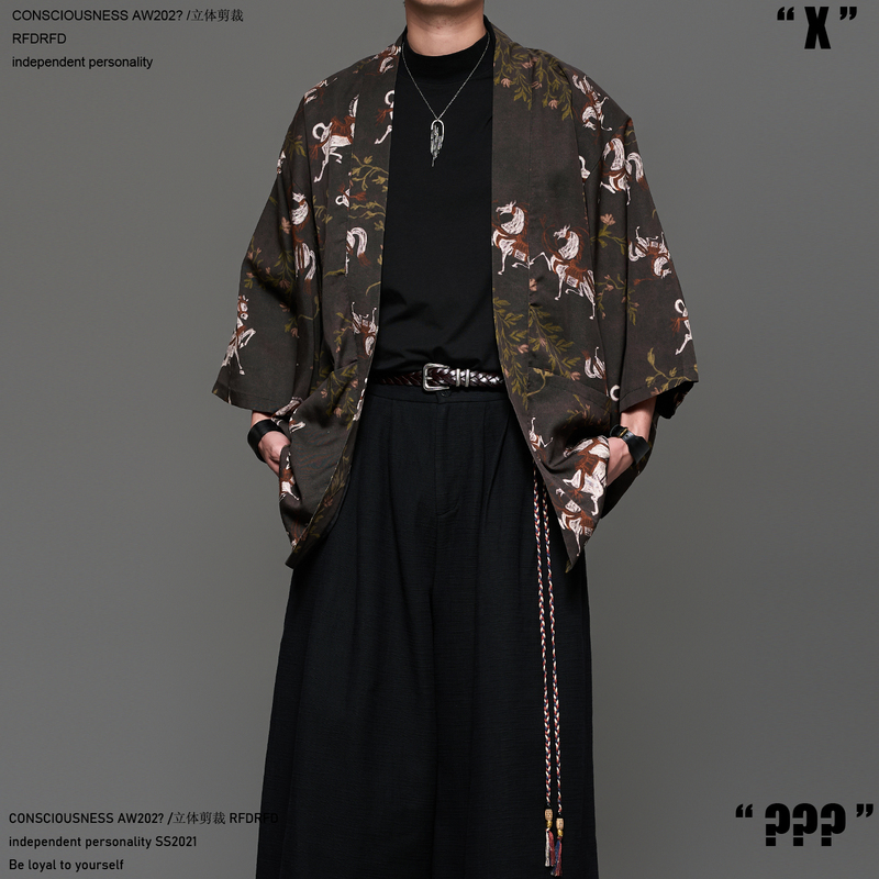 Rfdrfd26 Spring Year of the Horse Print New Chinese Style Tencel Linen Green Vintage Robe Jacket Cardigan for Men and Women