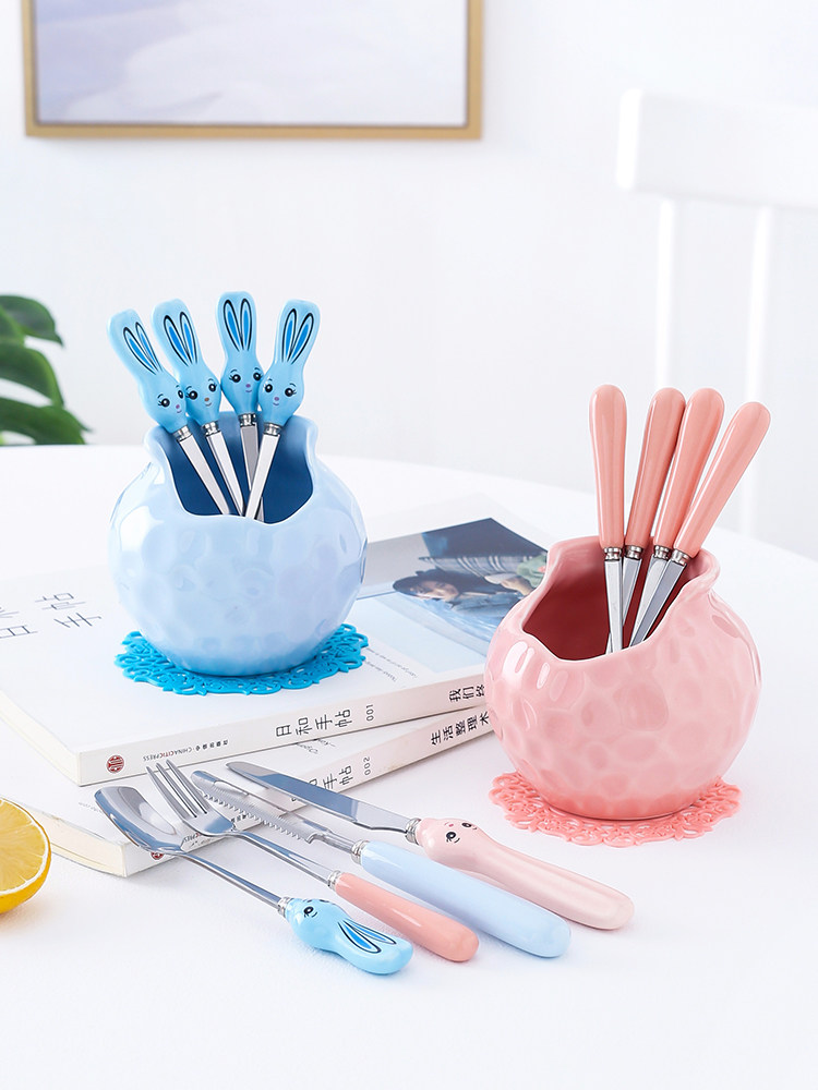 Ceramic Handle Stainless Steel Fruit Fork Spoon Knife Suit Containing Jar Home Cute Creative Cake Snack Fork Sweet Spoon