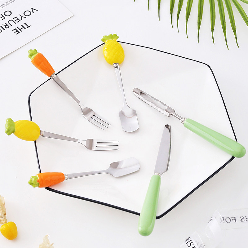Ceramic Handle Stainless Steel Dessert Fork Spoon Fruit Knife Peeling Knife Cute Coffee Spoon Household Fruit Fork Ice Cream Spoon