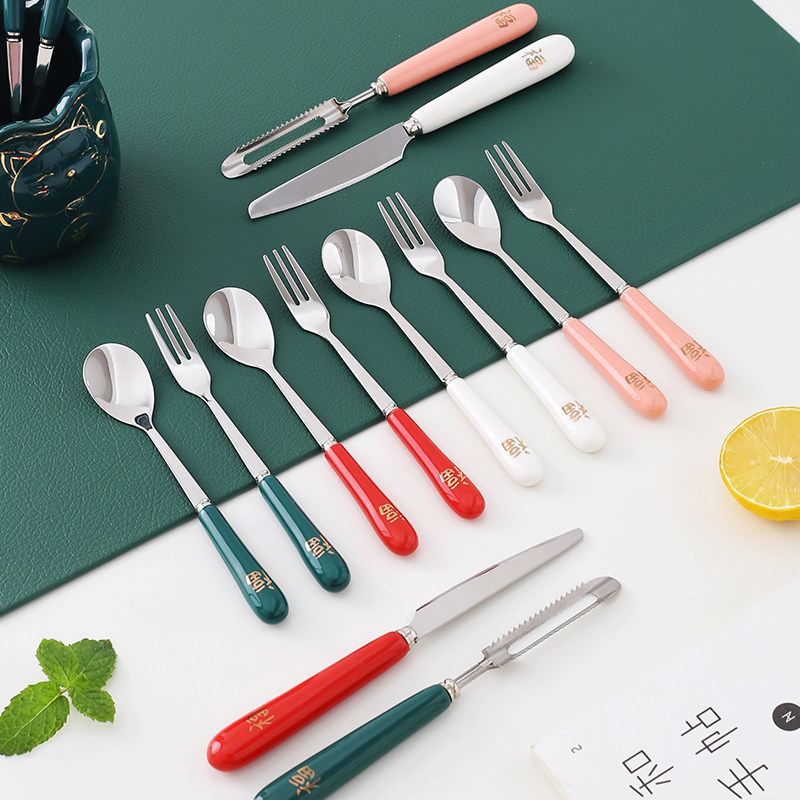 Stainless steel fork spoon fruit knife peeling knife ceramic handle creative home fruit sign fork coffee spoon dessert small fork spoon