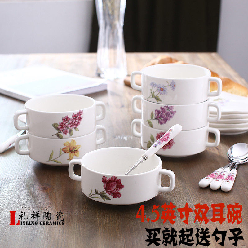 Brief Ceramic Breakfast Double Ear Soup Bowl Ceramic Rice Bowls Fruit Salad Pudding Dessert Bowls Steamed Egg Bowls Children Bowls