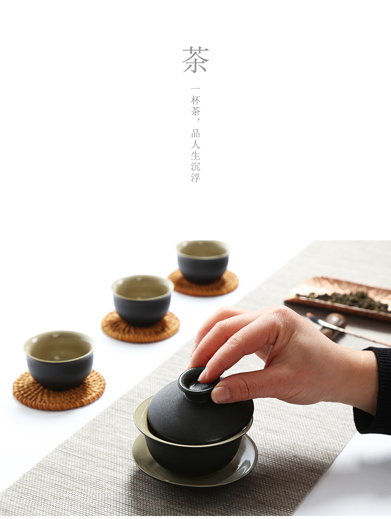 峰 Bộ gốm Kung Fu Bộ trà Zen Style Black Cover Bát gốm đen gốm sứ bát ba bát Kung Fu Tea Cover bát trà bộ ấm trà