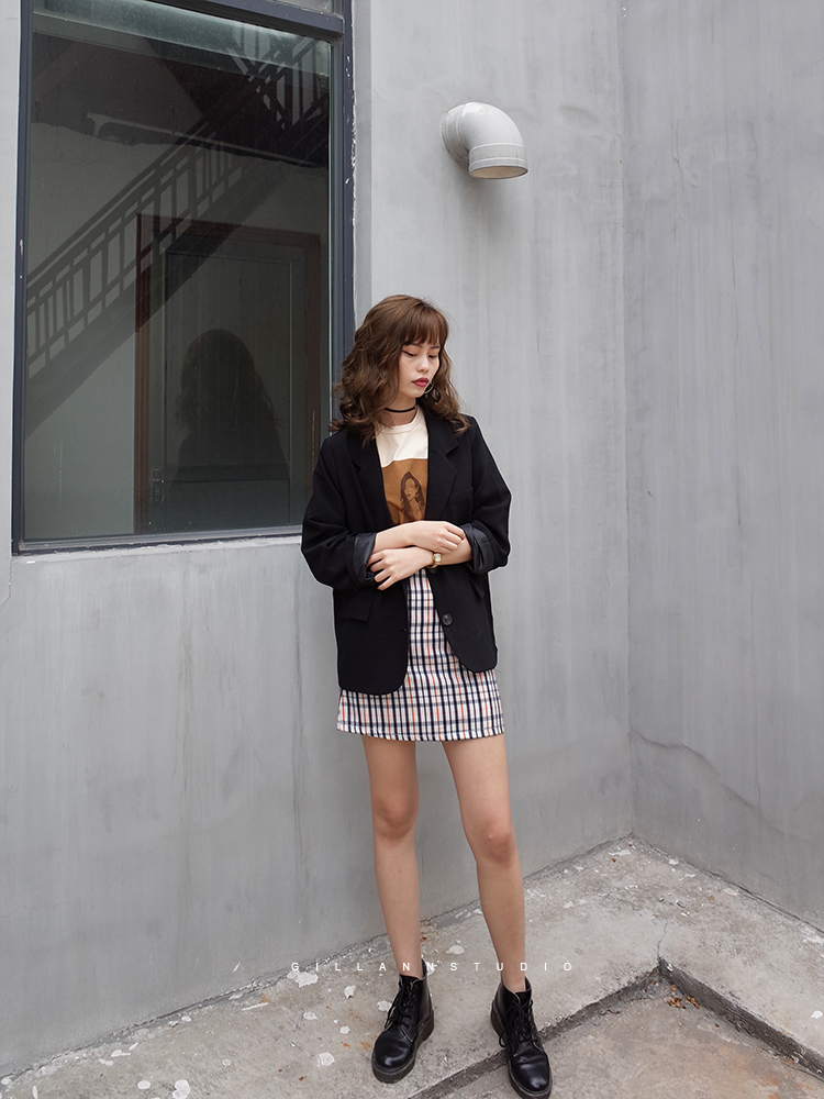 GILLANN / mùa thu retro phiên bản Hàn Quốc mới của phiên bản thời trang tốt của áo khoác mỏng phù hợp với áo khoác nữ bộ vest nữ quần ống rộng