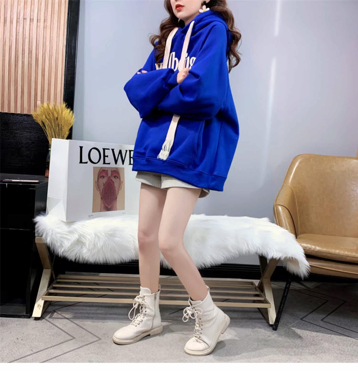 Лён 潮牌新款春秋冬宽松爆款字母连帽时尚外套克莱因蓝加绒加厚卫衣服