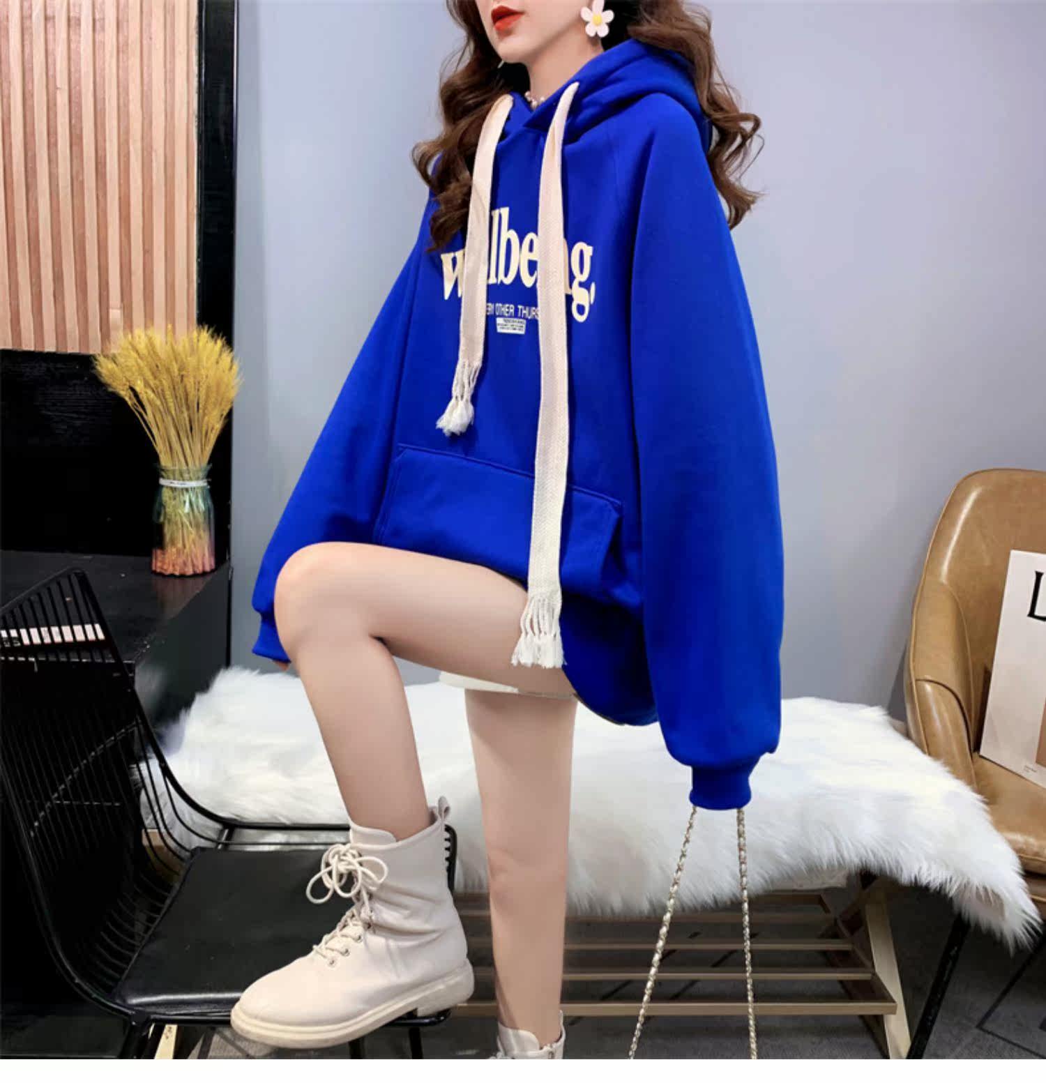 Лён 潮牌新款春秋冬宽松爆款字母连帽时尚外套克莱因蓝加绒加厚卫衣服