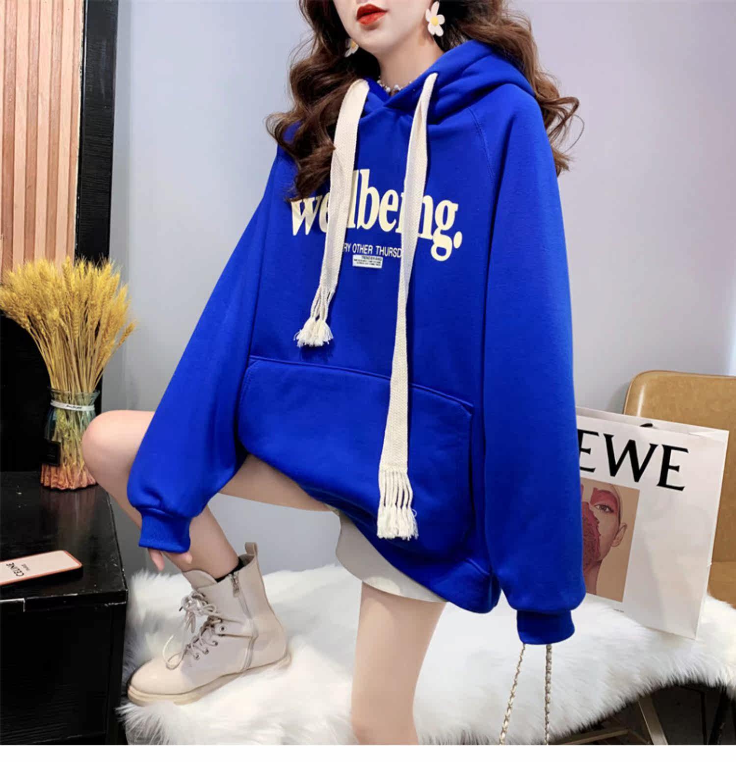 Лён 潮牌新款春秋冬宽松爆款字母连帽时尚外套克莱因蓝加绒加厚卫衣服