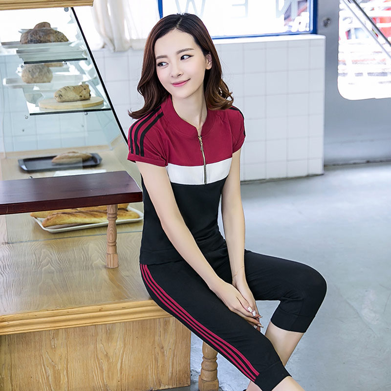 胖mm夏装大码女装夏季纯棉短袖七分裤立领休闲卫衣跑步运动服套装